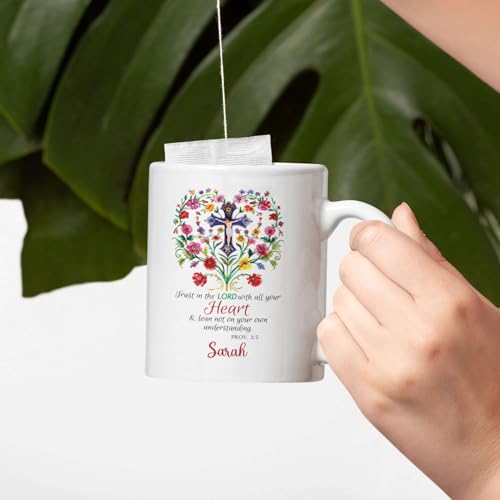 Personalized Bible Verse Ceramic Cup, Inspirational Mug Gift For Christian, Cross In Floral Heart Design On White Mug, Customized Name Christian Faith Coffee Mug 11oz, Custom Religious Gift - color: XUA-624-2303-A Cross In Floral Heart