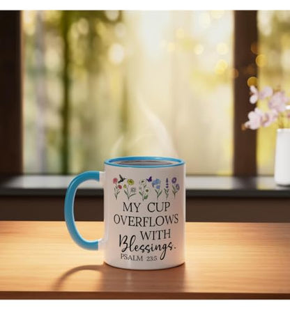 My Cup Overflows With Blessings Jesus Fills My Cup Christian Ceramic Mug, Blue/White - color: Blue/White, size: 11 Ounces
