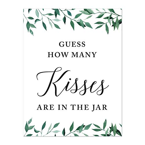 Andaz Press Wedding Party Signs, Natural Greenery Green Leaves, 8.5x11-inch, Guess How Many Kisses Are in the Jar, 1-Pack - color: Activities Kisses Jar