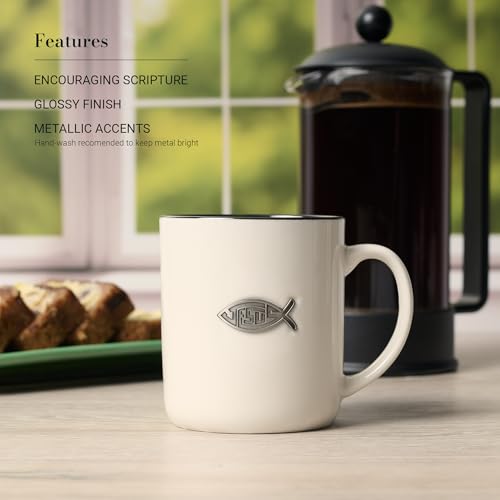 Christian Art Gifts Large Inspirational Ceramic Coffee & Tea Scripture Mug - color: White & Black/Jesus Fish