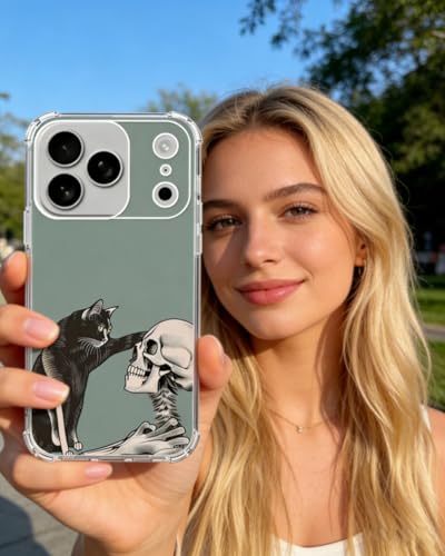 Cat and Skull Phone Case Compatible with iPhone 17 Pro, Hippie Creepy Black Cat and Skeleton Phone Cover for iPhone 17 Pro - color: Cat and Skull