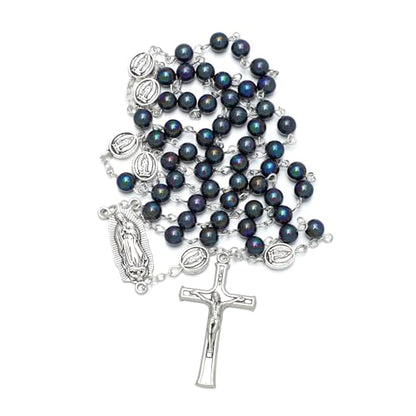 KOMI 6mm Glass Pearl Rosary Beads Catholic for Women with Metal Rosary Box Religious Gifts - style: Guadalupe-black