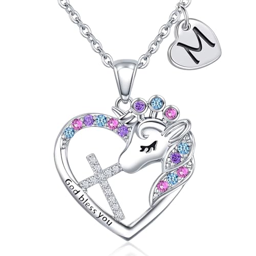 Easter Basket Stuffers - Easter Gifts for Girls Kids,Cross Unicorn Necklaces with Initial for Teen Girls Kids Daughter Granddaughter Birthday Christian Religious Gifts 16+3 Inches - style: M