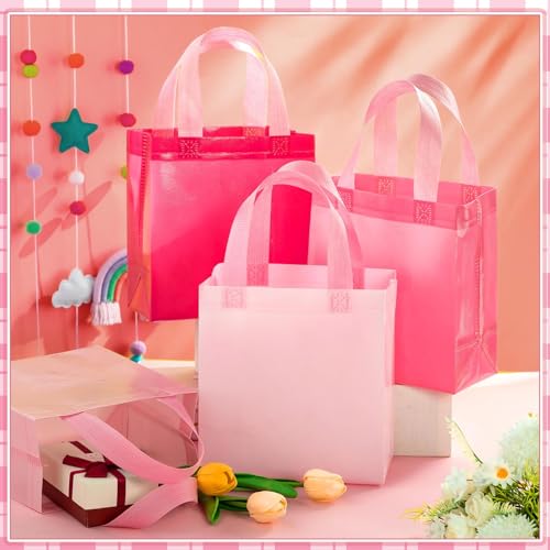Sweetude 16 Pcs Pink Gift Bags, Reusable Non-woven Tote with Handles - color: Pink