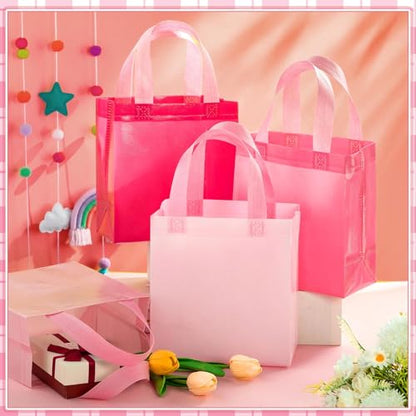 Sweetude 16 Pcs Pink Gift Bags, Reusable Non-woven Tote with Handles - color: Pink