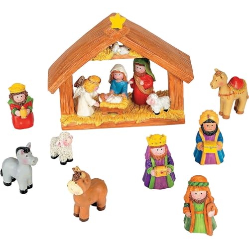 Fun Express Mini Christmas Nativity Set Stable with Jesus Mary Joseph Wisemen - 9 Pieces Red, Blue, Green, Beige, Brown