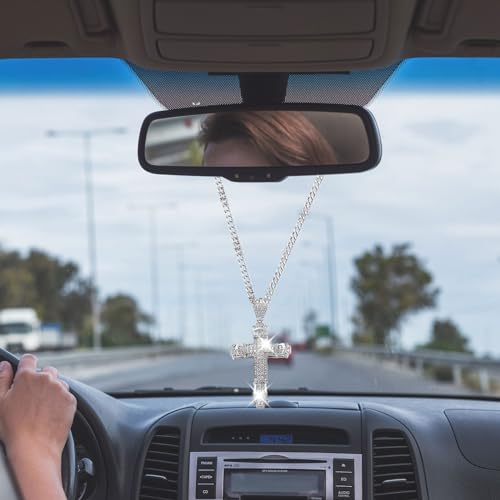 Bling Religious cross Diamond Car Accessories for Women, Crystal Car Rear View Mirror Charms Car Decoration, Lucky Hanging Interior Ornament Pendant