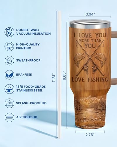 34HD Fishing Love You More 40 oz Tumbler with Handle, Romantic Gift - color: Bass Fish Wood