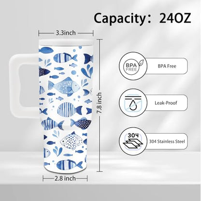 Fish Tumbler with Handle and Straw 24oz, Gifts for Ocean Lovers, Insulated - color: Fish