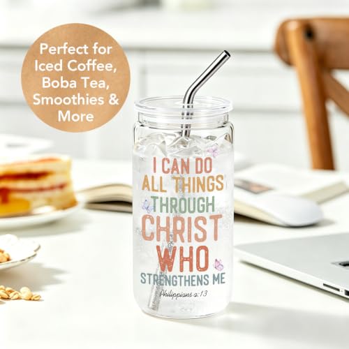 Christian Gifts for Women 16 oz Glass Cups with Lids and Straws, Inspirational Bible Verse Iced Coffee Cup Tumbler for Daily Use, Mothersday Baptism Birthday Religious Gifts for Church Friends