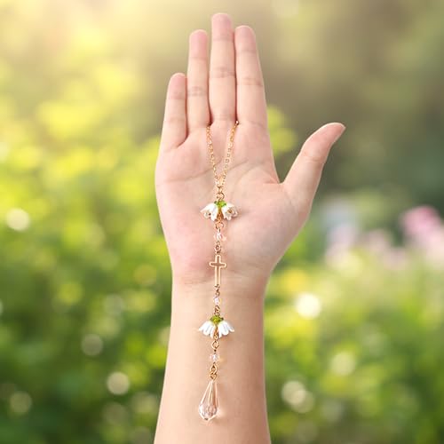 Cross Crystal Car Charm Lily Flower Beaded Mirror Hanging - style: Cross