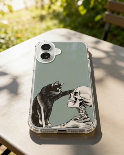Cat and Skull Phone Case Compatible with iPhone 17, Hippie Creepy Black Cat and Skeleton Phone Cover for iPhone 17 - color: Cat and Skull