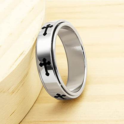 Fidget Toys Adults Spinner Women, Cross Anxiety Relief Stainless Steel Dual Layers Thumb Jewelry Spinning Band Silver Gold Plated Size 6 7 8 9 10 (A-Silver-Cross, Size 6) - color: A-Silver-Cross, size: Size 6
