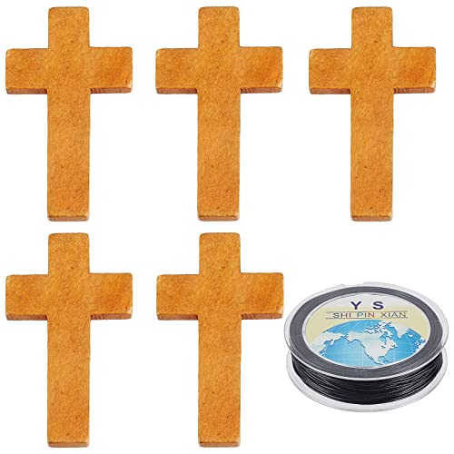 SUNNYCLUE Easetr Holiday Wood Cross Charms Natural Wooden Cross Beads Charm 1.65 inch String Unfinished Wood Bulk 1mm Black Waxed Cord for Jewelry Making Braided Necklace Bracelet DIY Supplies - color: 60pcs Camel 42x24.5mm & Cord