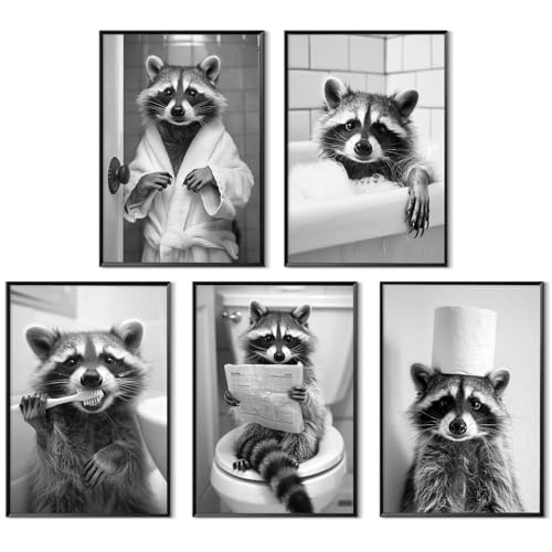 Bathroom Raccoon Decor Wall Art Funny Toilet Animal Canvas Pictures Black And White Raccoon Wall Art Modern Farmhouse Poster Cute Animals Funny Rustic Prints for Bathroom 12x16x5 Inch Unframed - color: Raccoon Prints, size: 12x16 Inch Unframed
