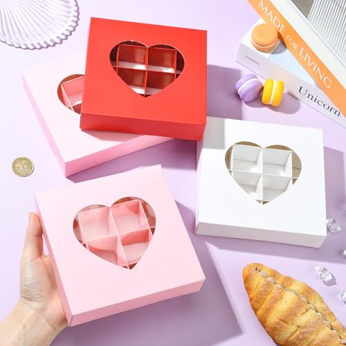 Airssory Chocolate Boxes, Paper Gift Boxes with Heart-Shaped Window, 12 pcs (4 pcs each of Pink, White, Gold), Square 15.1x15.1x3.5 cm, for Truffles, Candies, Favors - color: Chocolate Boxes