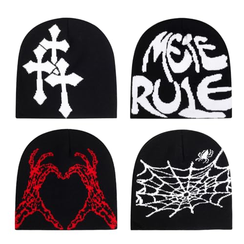 4Pcs Y2k Beanie Winter Knitted Hat Warm Graphic Cap for Women Men - color: N-9