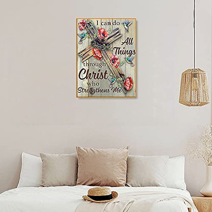 Bysincy 5D DIY Diamond Painting Kits for Adults Cross 12x16inch,Round Full Drill Beads Diamond Art Dots Craft Set,I can do All Things Through Christ who Strengthens me - color: CrossFlower