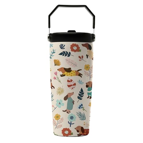 Hiboss Dachshund Tumbler with Handle and Flip Straw 28oz, Insulated Stainless Steel Wiener Dogs Cup Mug, Birthday Gifts for Women Dackel Owners Dog Mom Lovers Girls - color: Dog
