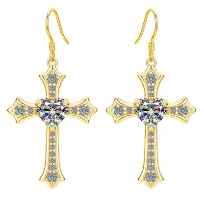 Moissanite S925 Sterling Silver Dainty Cross Drop Dangle Earrings For Women - color: Gold
