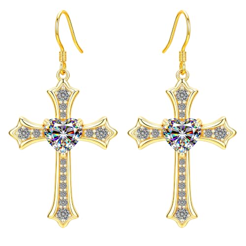 Moissanite S925 Sterling Silver Dainty Cross Drop Dangle Earrings For Women - color: Gold