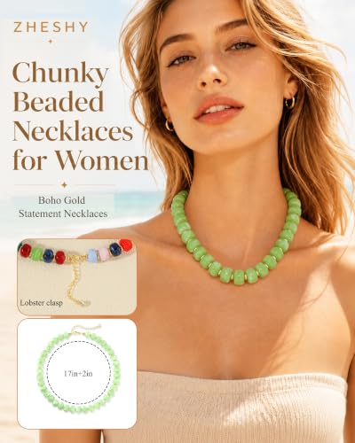 ZHESHY Chunky Beaded Necklaces for Women Heart Cross Statement Necklace - color: Green