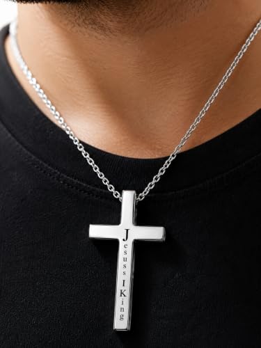 Engraved Cross Necklace for Men, Women & Boys & Girls Cross Necklace, Stainless Steel Cross Pendant Necklace, Faith & Inspiration Christian Jewelry Gift - color: Jesus Is King