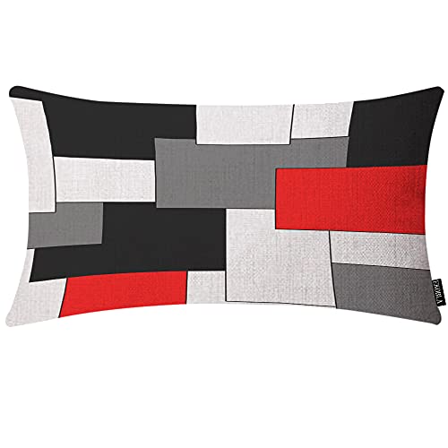 EKOBLA Paneling Pattern Pillow Cover Geometric Rectangular Block Red Black Waist Lumbar Cotton Linen Cushion Cover Oblong Rectangle Pillowcase for Men Women Home Decoration Bedroom 12x20 Inches - color: Multi-bs13