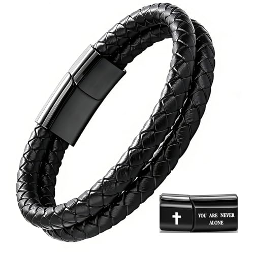 Christian Bracelet for Men, Bible Verse Leather Cross Gift for Men - color: A-Joshua 1:9 - with no card
