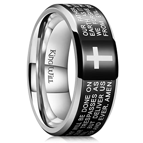 King Will Stainless Steel Men Ring Lord's Prayer Cross Ring Stainless Steel Men Wedding Ring, Wedding Band Bible Engraved Rings High Polished, Comfort Fit - color: black polish