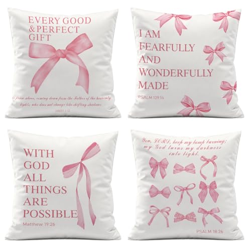 Pink Coquette Room Decor for Teen Girls,Christian Bible Verses Bow Decorative Pillow Covers 18x18 Set of 4,Cute Pink Pillowcase for Bedroom College Dorm Sofa Couch Decor - color: I Am Fearfully and Wonderfully Made