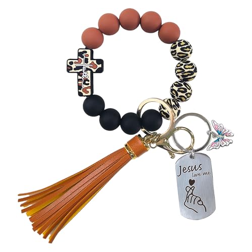 SHINYHARBOR Silicone Beaded Wristlet Keychain Bracelet,Key Wrist Keychains for Women Mom Teachers Best Friend - color: Cross-brown