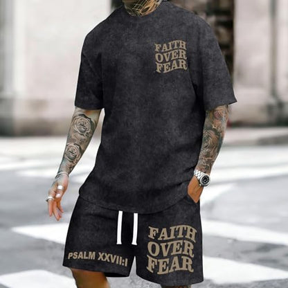 Men's Christian Shirt and Shorts Set Oversized Faith Over Fear T Shirt Washed Religious Bible Verse 2 Piece Outfits - color: Black, size: Medium