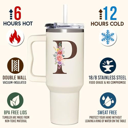 Personalized Gifts for Women, Customized Mother's Day, Birthday, Xmas Gift For Grandma, Mom, Wife, Friends, Sisters, Coworkers, Monogrammed Tumbler 40oz with Lid and Straw - color: P