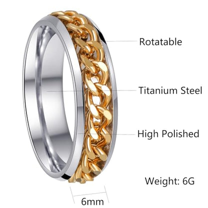 Mens Fidget Rings Anxiety Ring for Men 6mm 8mm Chain Spinner Ring Size 5-14 - color: Titanium Silver Gold