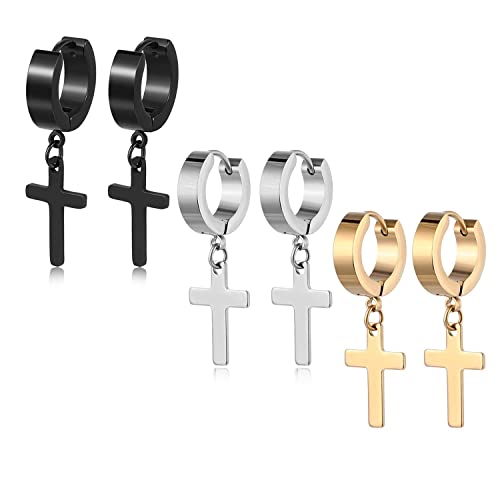 Stainless Steel Cross Earrings Set for Men Women Dangle Hinged Men Women Earrings Silver Gold Black - color: 3 Pairs (Black+Silver+Gold)
