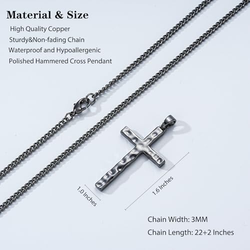 Cross Necklace for Men Boys - Hammered Cross Pendant with Cuban Chain Unique Crucifix Necklaces Christmas Christian Religious Jewelry Gifts 22+2 Inches - color: Black