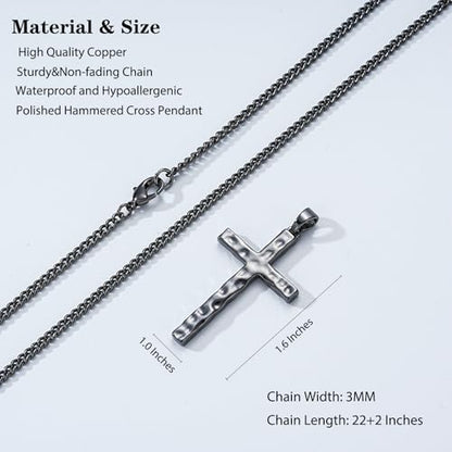 Cross Necklace for Men Boys - Hammered Cross Pendant with Cuban Chain Unique Crucifix Necklaces Christmas Christian Religious Jewelry Gifts 22+2 Inches - color: Black