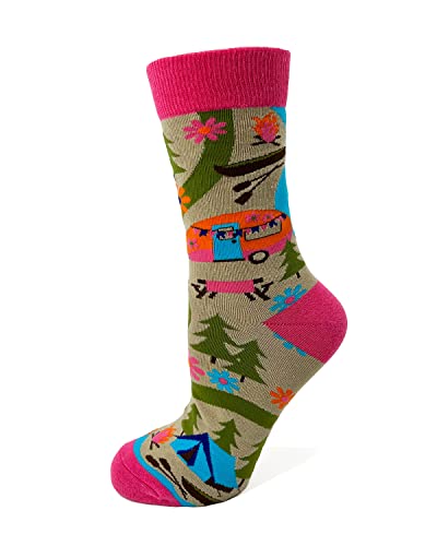 Fabdaz Happy Camper Camping Themed Women's Novelty Crew Socks - 1 Pair - 1 Size Fits Most
