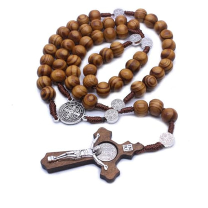 SZQCZB Wooden Rosary Beads Catholic for Men, Saint Benedict Medal and Cross - Comes in Gift Pouch and 18pcs Prayer Cards - color: Brown