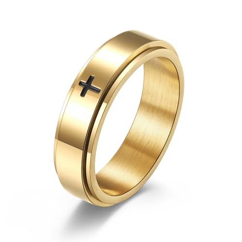 8MM Stainless Steel Cross Christian Ring Classic Plain Spinner Wedding Band for Men Women - color: 6mm - Gold