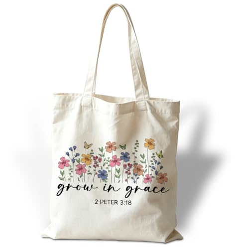 Bible Verse Canvas Tote Bag, Grow in Grace 2 Peter 3:18, Flower Lovers Christian Tote Bag, Reusable Cloth Cotton Bags for Shopping, Religious Gifts for Female Friends - color: Style 25