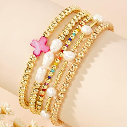 Gold Pearl Beaded Cross Bracelets Stack Set for Women, Boho Handmade Colorful Small Beads Stretchable Jewelry Friendship Summer Trendy Gift. - color: fuchsia