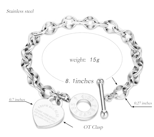 Heart Charm Bracelet Plated 18K Gold/Silver/Rose Gold Bible Scripture Heart Bracelet for Women Jewelry Gift Her Link Chain OT Clasp Stainless Steel - color: Silver（8.1 inch）