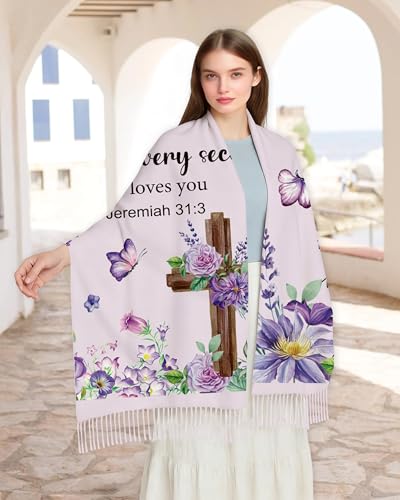 Bozidol Prayer Shawl for Women Christian Floral Cross Bible Verse Scarf Clothes for Christmas Mothers Day Birthday Gifts - color: Purple 02
