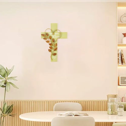 Wooden Cross Wall With Solid Wood Iron Copper Gole Leaf Heart Shaped - color: Green