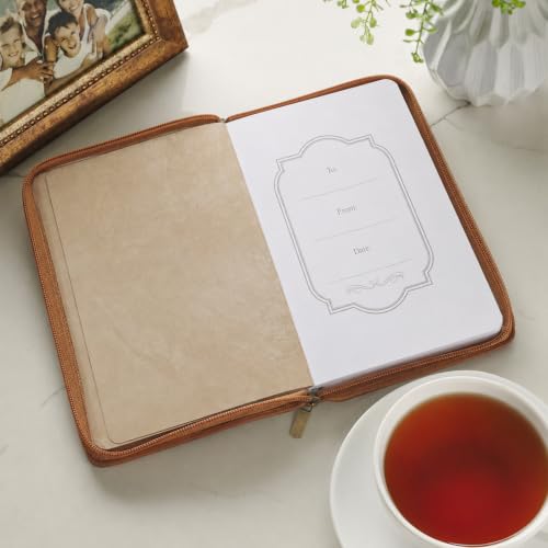 Christian Art Gifts Zippered Journal - Be Strong & Courageous, Wide Ruled Notebook, Joshua 1:9 Bible Verse, 336 Lined Pages w/scripture, Lion, Tan Faux Leather, (9” x 6.4” x .9”)