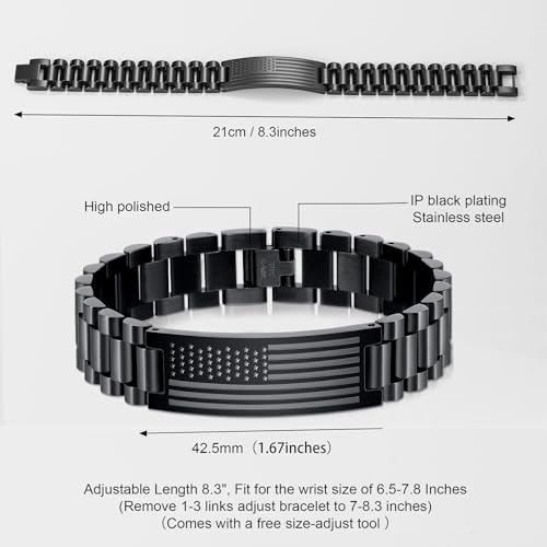 P. BLAKE American Flag Bible Verse Bracelet for Men, Stainless Steel Engraved Scripture Bracelet Christian Religious Christmas Birthday Jewelry Gifts - color: Black, size: Extra Link
