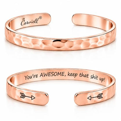 Carviell Bracelets for Women – 100+ Meaningful Engraved Messages – Solid 316L Surgical Stainless Steel Cuff Bracelet – Gift Ready - color: CONFIDENCE Gift - You're AWESOME, keep that sh*t up! - ROSE GOLD