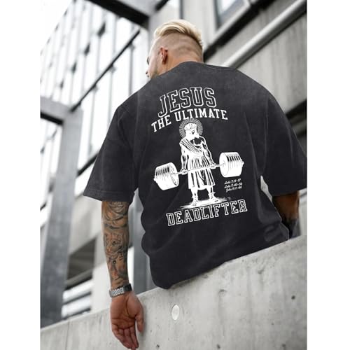 Mens Oversized Christian Shirts Jesus Faith Shirt Funny Gym Graphic Tees God Religious Bible Verse Acid Wash Tshirts - color: Black, size: Large